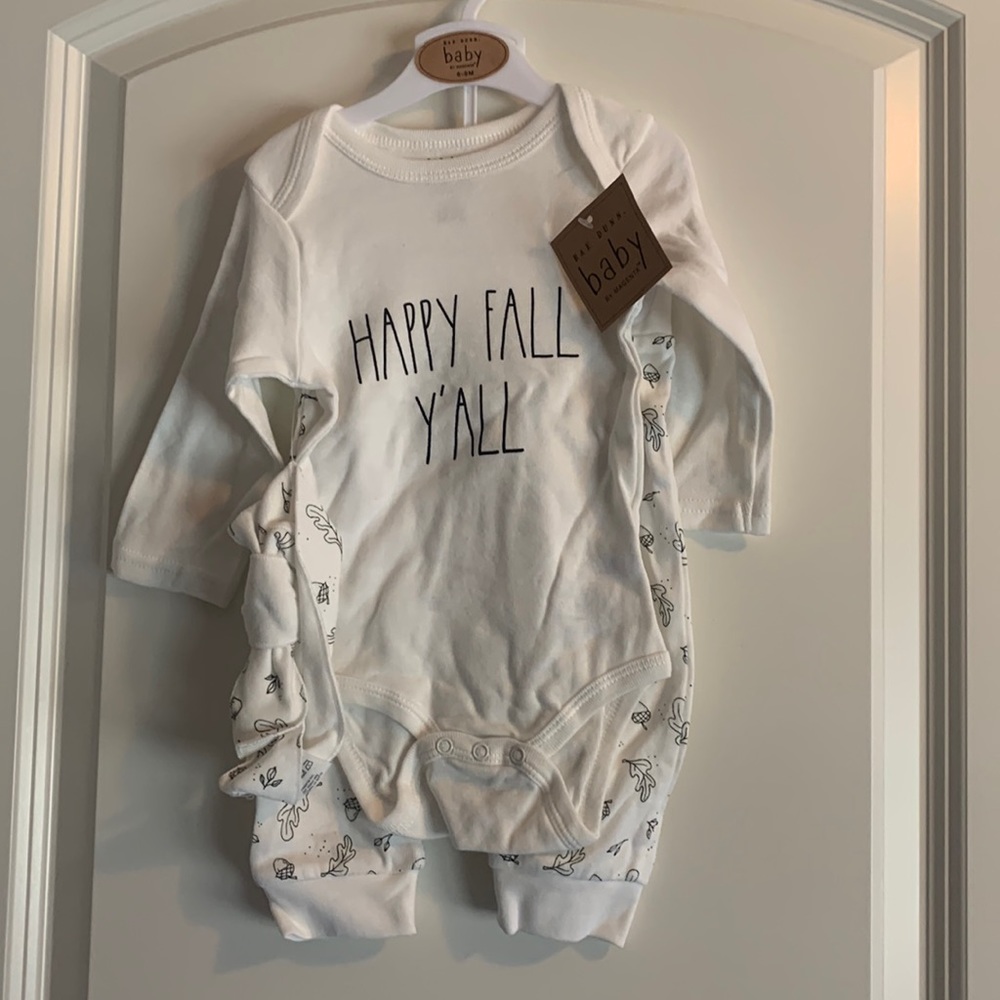 Rae Dunn happy fall y’all baby bodysuit pants and bow set, 6-9 months